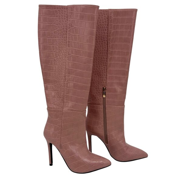 Guess Pink Vegan Croc Pointed Toe Knee High Stiletto Boots | Sexy Baddie Barbie - Picture 8 of 16